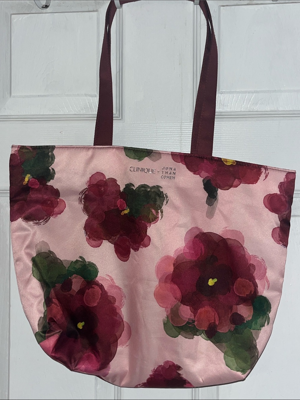 Clinique Pink Floral Tote with Burgundy Handles